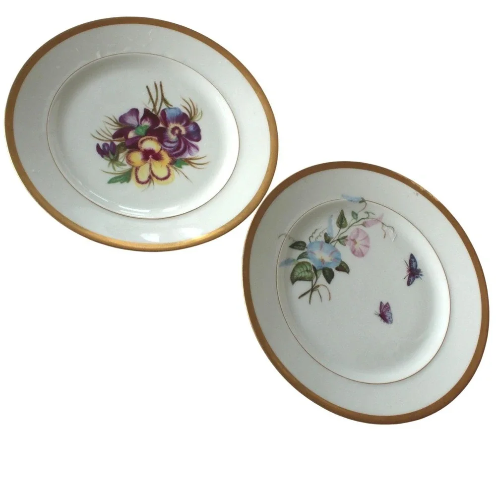 Hand‎ Painted Porcelain Plates Floral Gold Rim Signed F. Owen 11-81